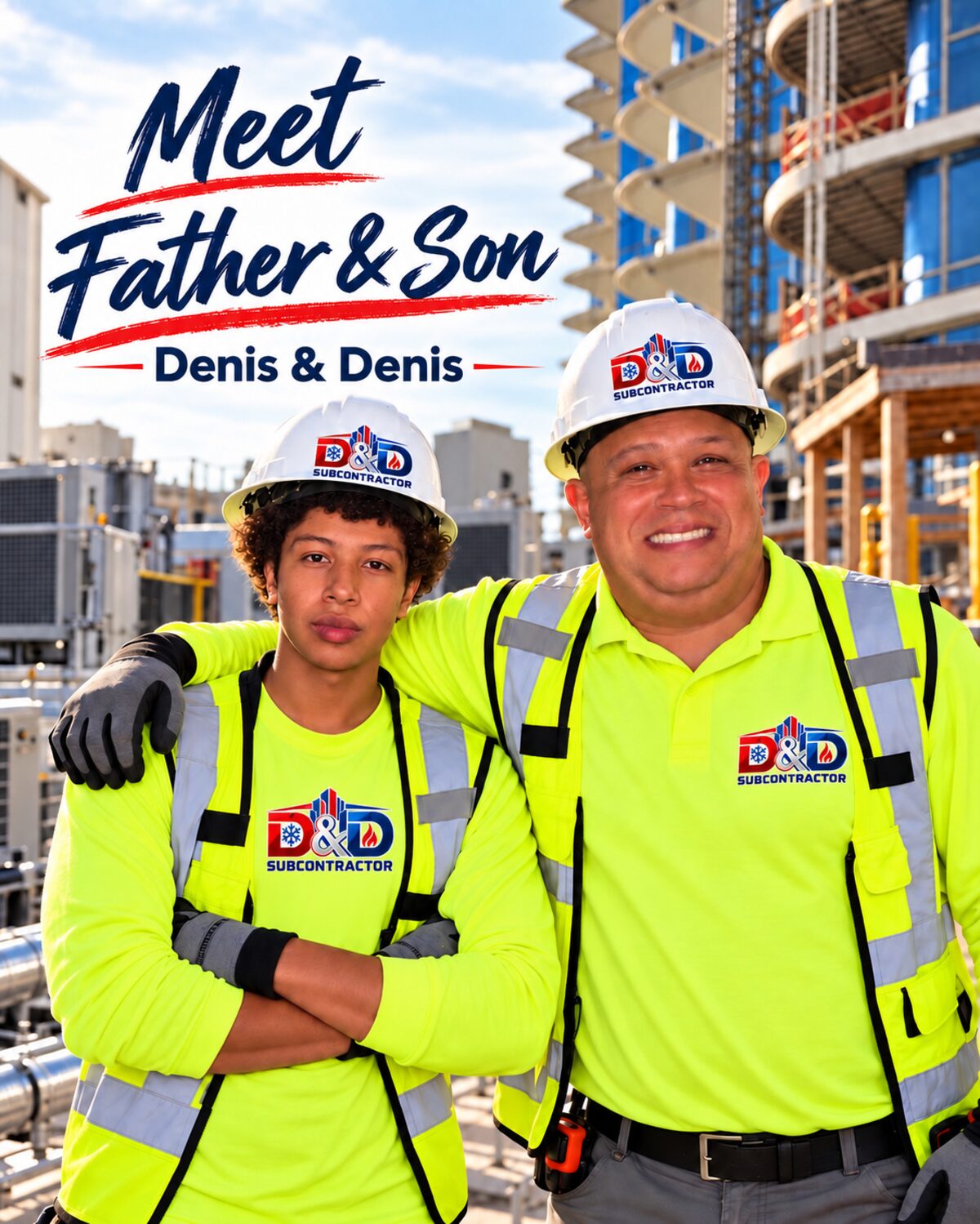 Denis and Denis, father and son, in D&D HVAC hard hats on a construction site