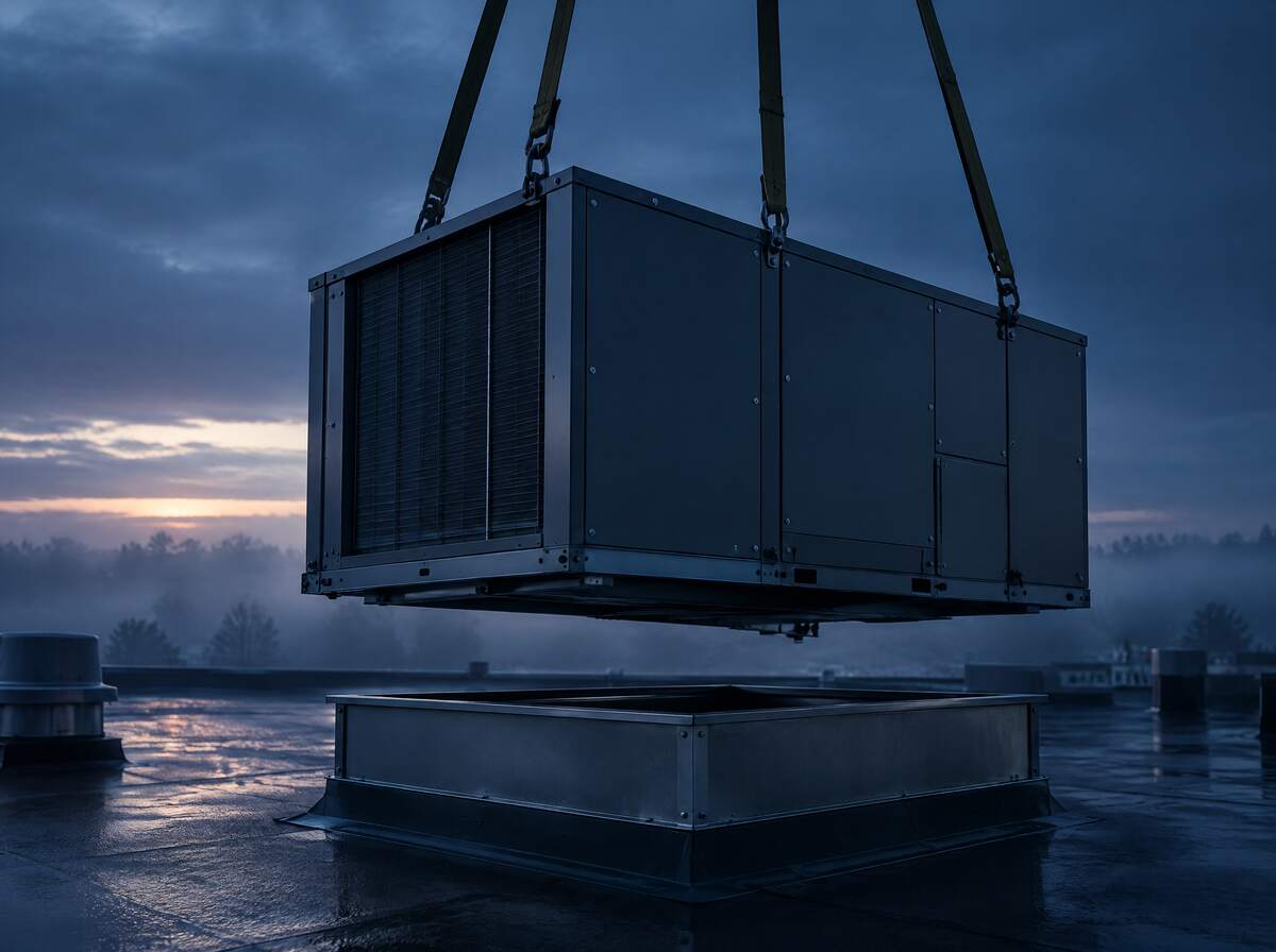 New commercial rooftop unit being set onto a roof curb at dawn