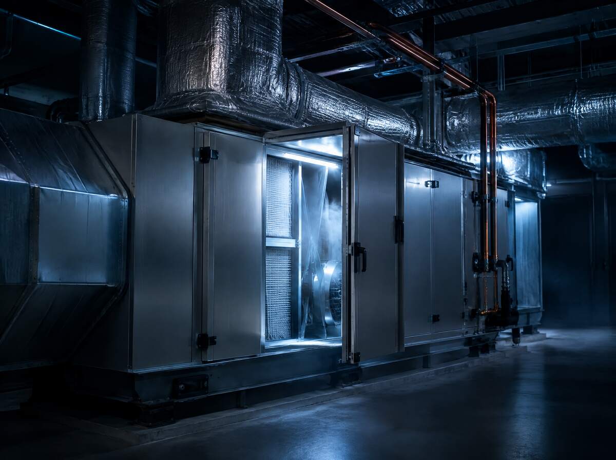 Commercial air handling unit inside a clean mechanical room