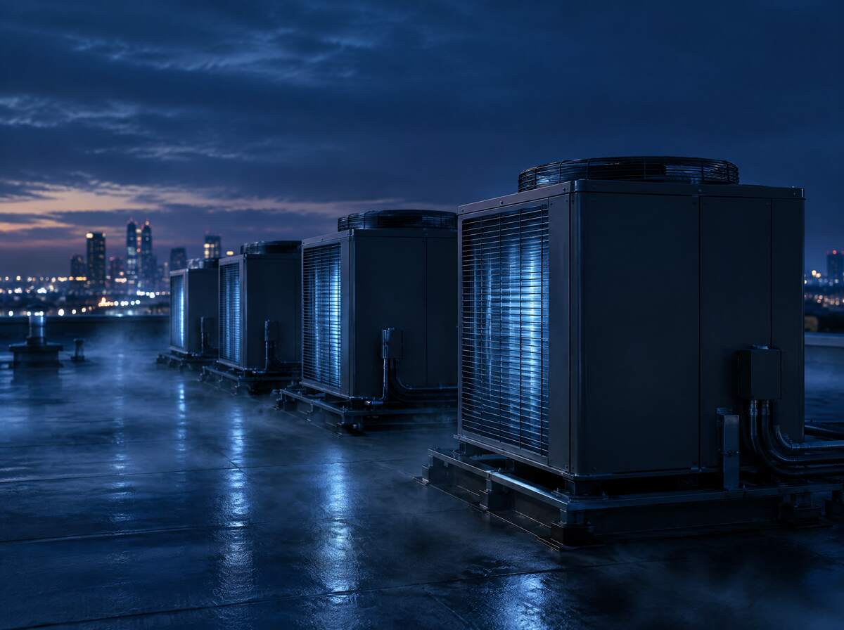 Row of commercial rooftop HVAC units on a flat roof at dusk