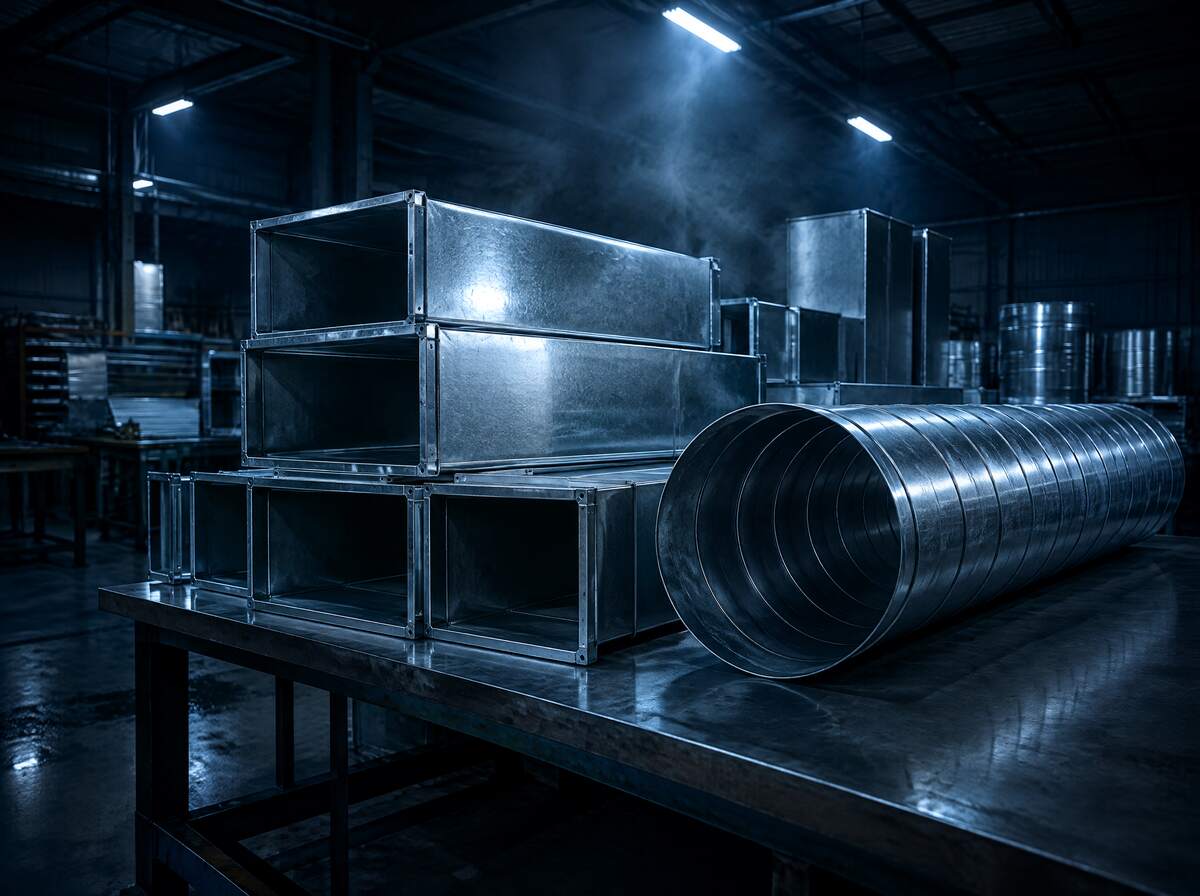 New galvanized ductwork sections in a sheet metal fabrication shop